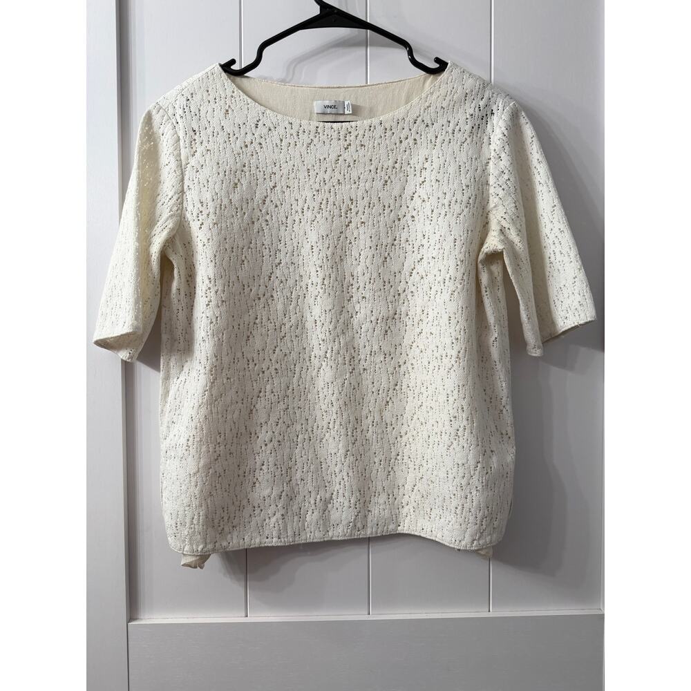 Vince elbow sleeve lace overlayoff-white knitwear pointelle blouse sz Small EUC